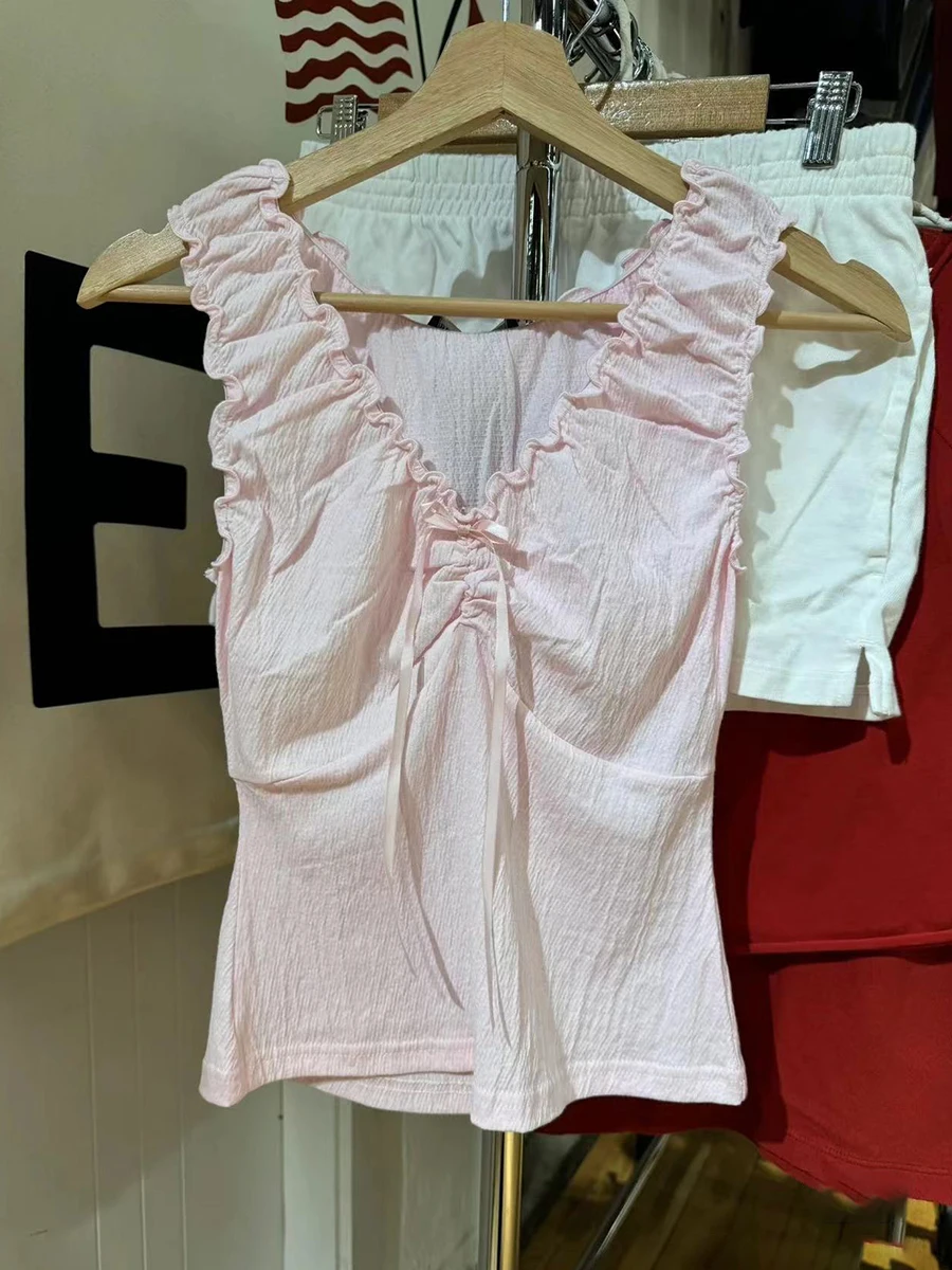 Camisetas sin mangas ajustadas con lazo rosa para mujer, Tops sexys de algodón con cuello en V, camisola sin mangas informal dulce, Top corto liso, chalecos Y2k