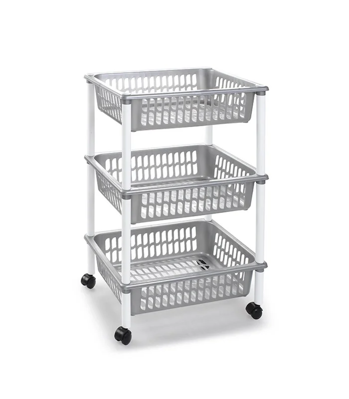 Tradineur PLFT silver gray greengrocer trolley with wheels 3 baskets 40x30x61,5 cm. multius shelf slide cart