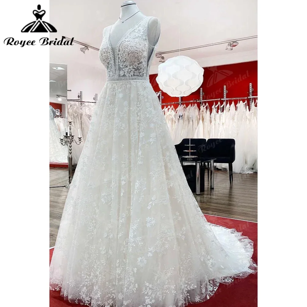 Lindo longo a linha de renda apliques vestido de casamento tule aberto volta sem costas sem mangas novidade vestido de casamento robe mariée