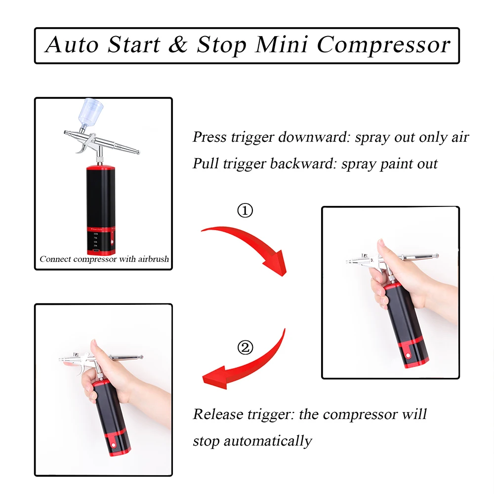 TM100-116W Cordless Airbrush Air Rechargeable Compressor Makeup Kit Nail Art Car Super Quiet Replace Battery Pneumatic Tool