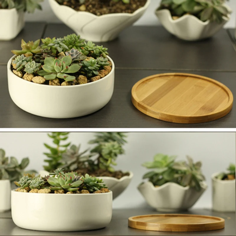 Ceramic Succulent Plant Pot, White Porcelain, Deep Rounded Flower Pot With Bamboo Tray, Office Desktop Table, Bonsai JJ2512