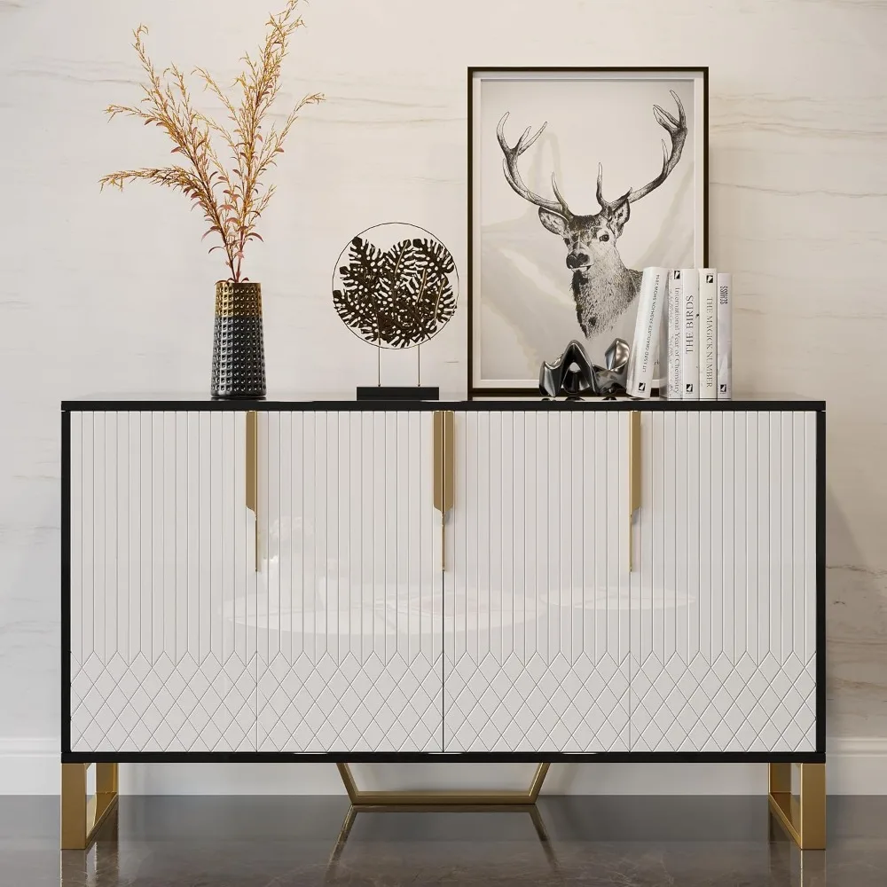 

Sideboard Buffet Table, 59" Kitchen Storage Cabinet – Sturdy Stainless Steel & Engineered Wood, 4-Door 6-Shelf Modern White/Bla