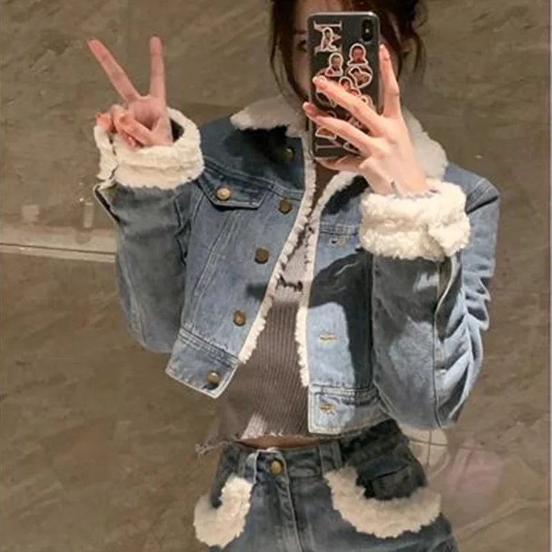 Women's Thick Warm Short Denim Jacket, Autumn, Winter