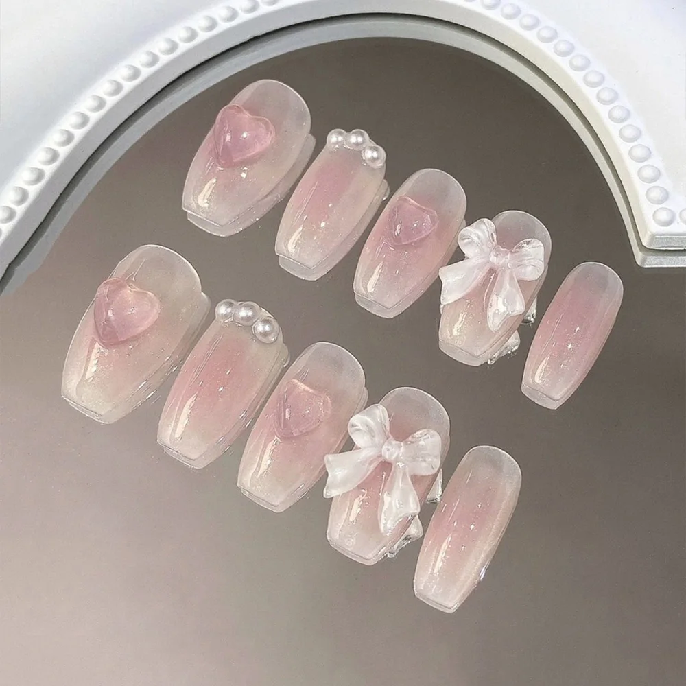 

10pcs Short Trapezoid Handmade Press On Nails Kit, Pink Fake Nails, Cute Youth Wearable Nail Art, Rhinestone Heart, Bow