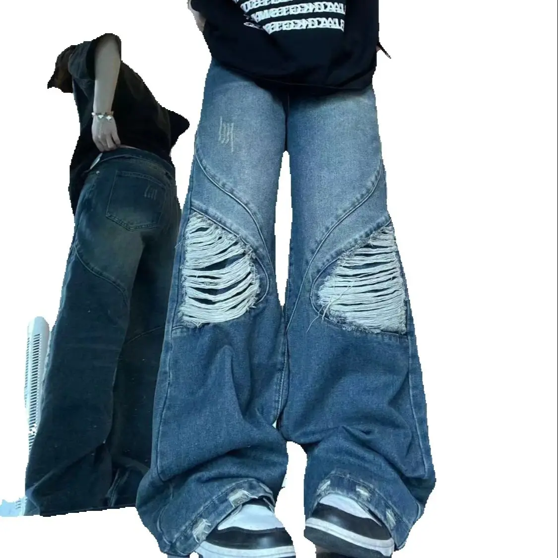 American Retro Beggar Ripped Jeans Women Autumn High Street Design High Waist Straight Loose Draped Wide-Leg Pants