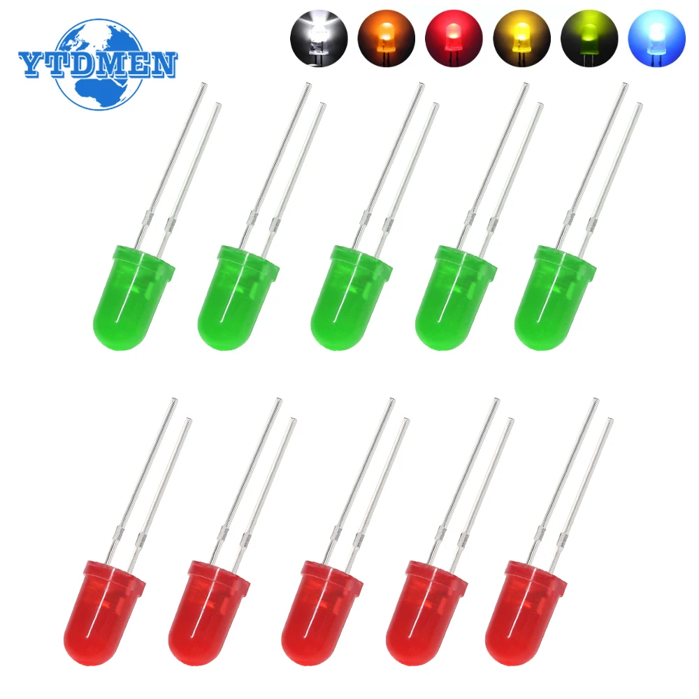 50 pièces 5mm Diode LED diffuse 20MA lampe Diode électroluminescente ampoule indicateur blanc vert rouge bleu jaune Orange bricolage Kit électronique