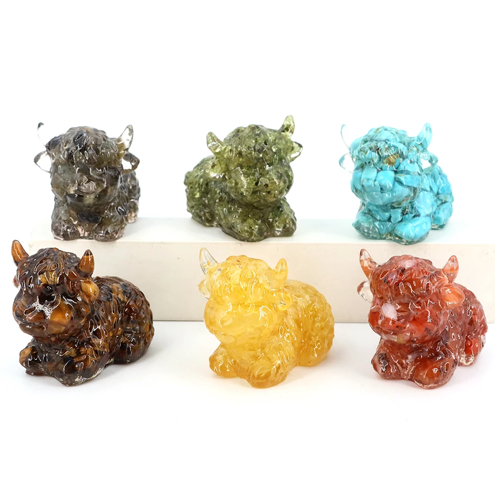 Natural Crystal Stone Gravel Mini Cattle Figurine Resin Cow Statue Rose Quartz Animal Statue Home Decor Desk Ornament Child Gift