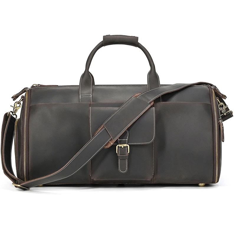 Large leather men's bag duffel bag sports gym bag large capacity carry on travel bag casual single shoulder luggage bag vintage