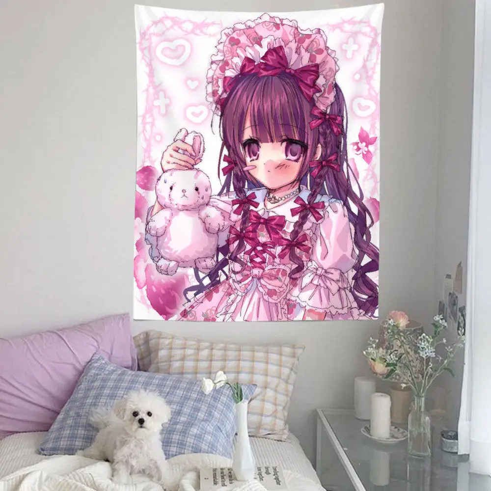 New Cute Girl Tapestry Lolita Pink Mine Style Maid Aesthetic Wall Hanging For Bedroom Decor Background Cloth