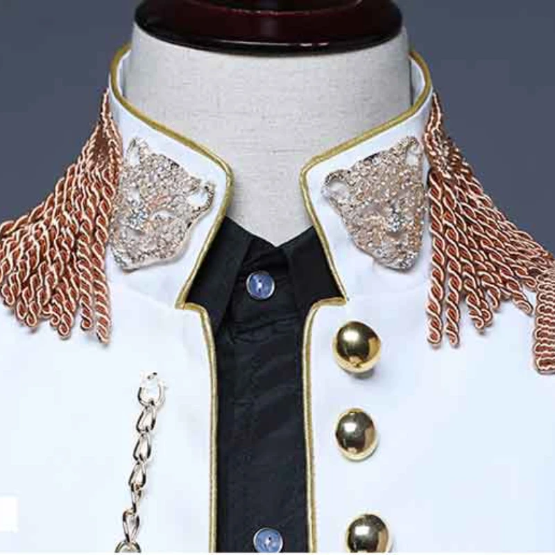 Mens Punk Military Drummer Parade Jacket Fashion Tassel Design Stand Collar Blazer Jacket Men Club Party Costume Homme White