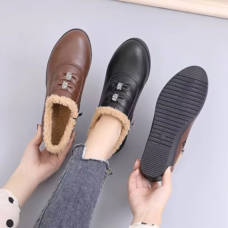 Women's Winter Shoes Luxury Warm Hot Furry Artificial Leather Casual Outdoor Moccasins Wedge Heel Loafers For Women Trends 2024