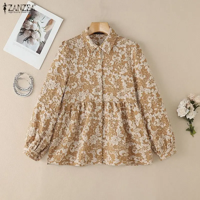 ZANZEA Fashion Women Shirt 2025 Autumn Embroidered Blouse Spring Elegant Long Lantern Sleeve Tops Muslim Blouse Button Up Blusas