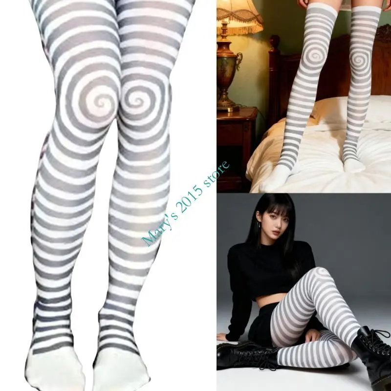 

E15F Женские японские готические колготки со спиралями в полоску с принтом, непрозрачные колготки, чулки