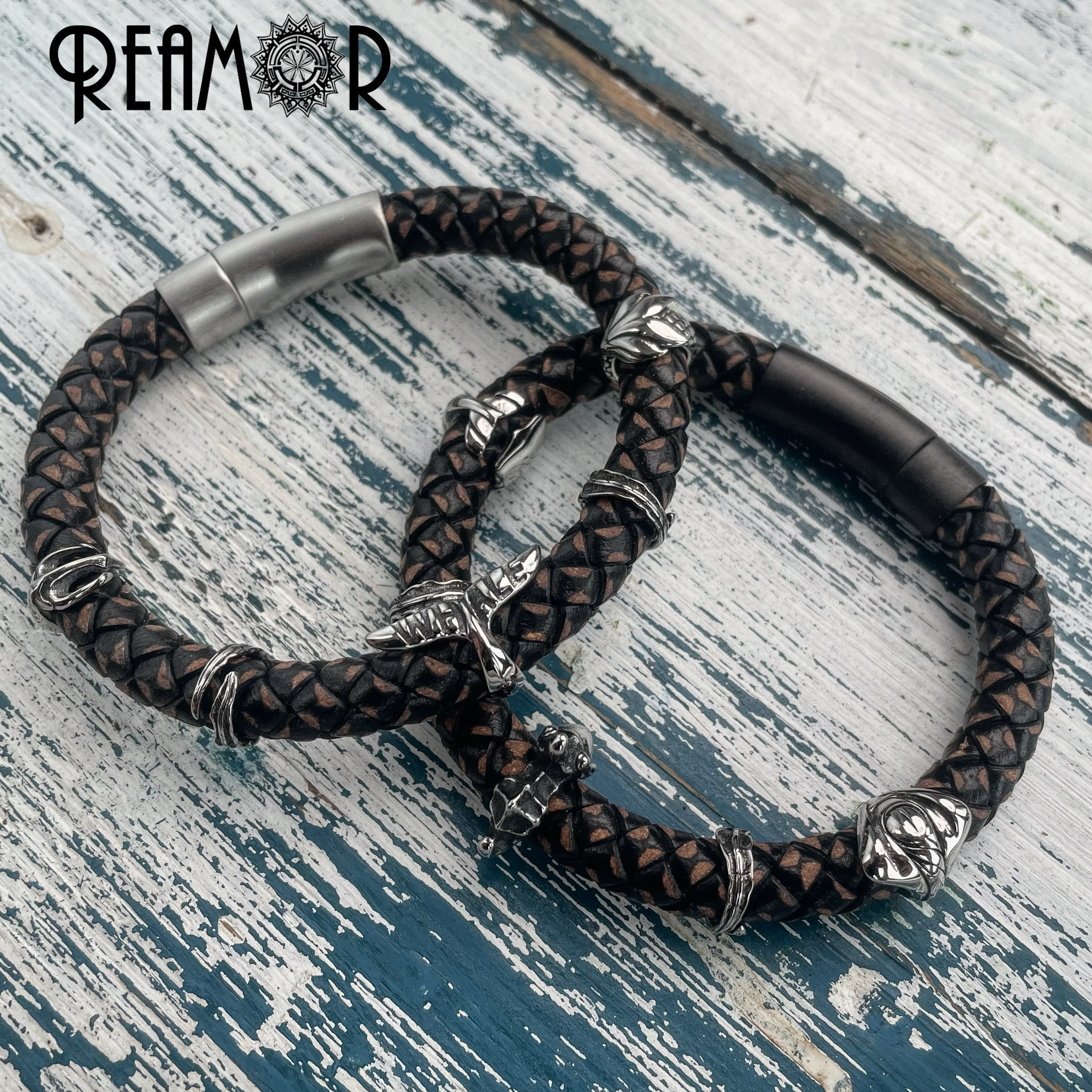 REAMOR Abysmal Sea Series Bangles Stainless Steel Turtle Mermaid Whale Tail Charm Genuine Leather Bracelets Women Men's Jewelry