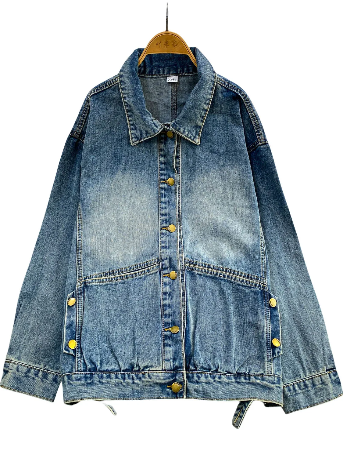 Retro hong kong sle destred azul denim jaet feminino solto emagrecimento topo com boules de metal outono faion outerwear