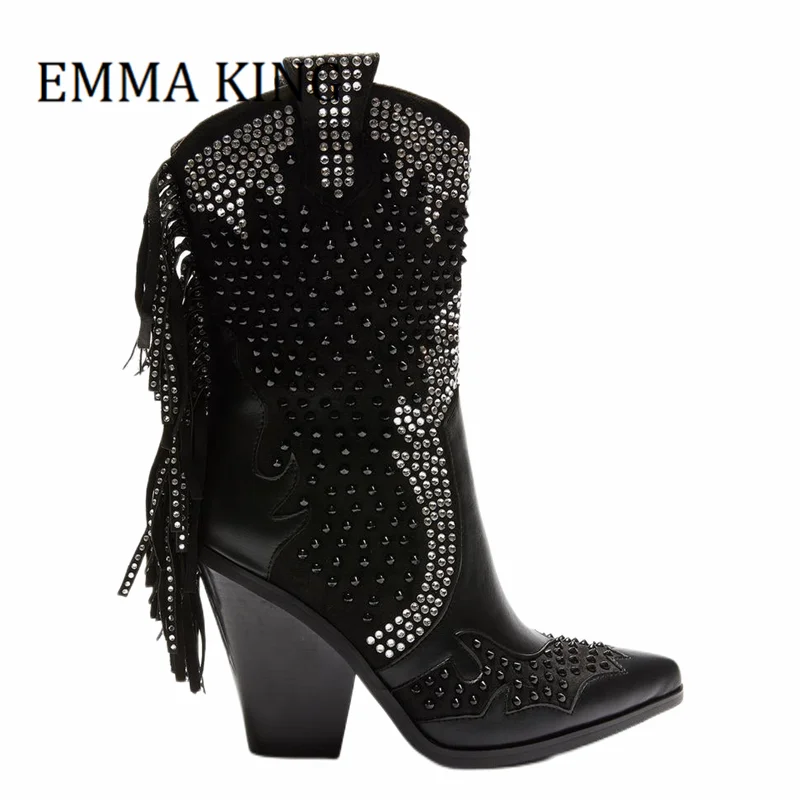 Fall Winter Women Studded Fringe Boots Sexy Pointed Toe Block Heels Cowboy Boots Rhinestone Chelsea Boots Zipper Botas De Mujer