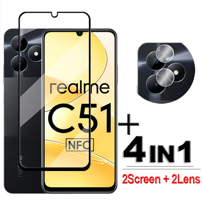 4in1 For Realme C51 Glass For Realme C51 C53 C55 C30 C31 C35 Tempered Glass 2.5D Full Cover Screen Protector For Realme C51 Film