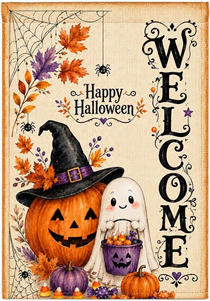 Halloween Garden Flag 12x18 Inch Double Sided, Welcome Halloween Yard Flag with Pumpkin Ghost Witch Hat, Triple-Layer Blacko yyi