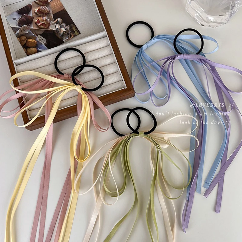 Gravata de cabelo bowknot coreana para mulheres Scrunchies, fita longa, faixas elásticas, rabo de cavalo, acessórios para cabelo, moda