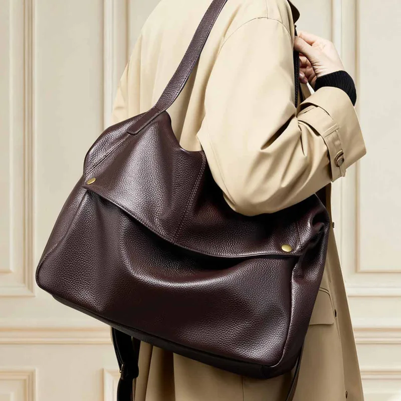

Retro Genuine Leather First Layer Cowhide Large Capacity Tote Bag Versatile Retro Soft Leather Shoulder Bags Casual Women's Bag