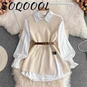 قميص طية صدر السترة محبوك على شكل حرف V على شكل حرف V للنساء ملابس غير رسمية كورية مكتب سيدة بيضاء أزياء جديدة الخريف 2 قطع أفضل 10 ملابس مبيعا للسلوقي الإيطالي - رقم 10