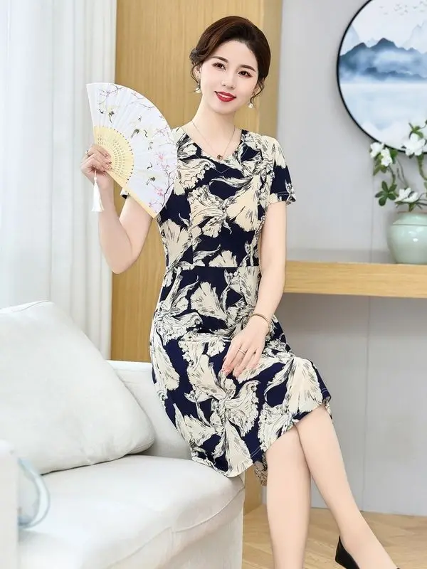 Verão nova chegada elegante vestido estampado de manga curta