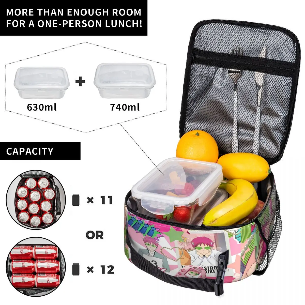 Saiki K أنيمي حقيبة الغداء للنساء مصمم علب الاغذية حقيبة للحفاظ على البرودة المدرسية عادية المحمولة معزول أكسفورد حقائب الغداء الحرارية #2