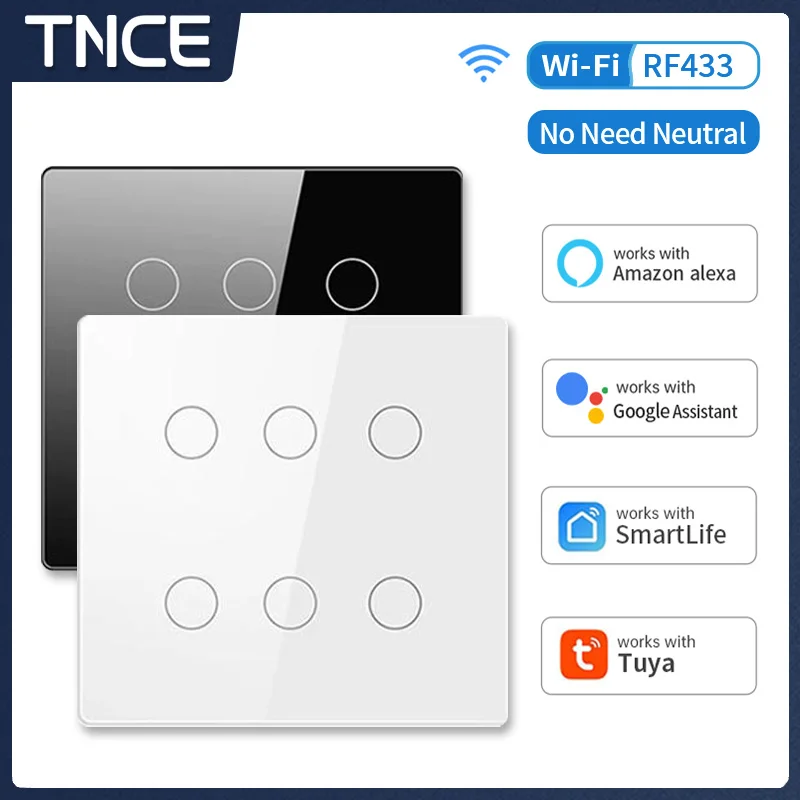 TNCE Tuya Brazil Wifi Smart Touch Switch Light 4*4 No Neutral Wire 4/6 Gang Light Switch, APP Control work with Alexa GoogleHome