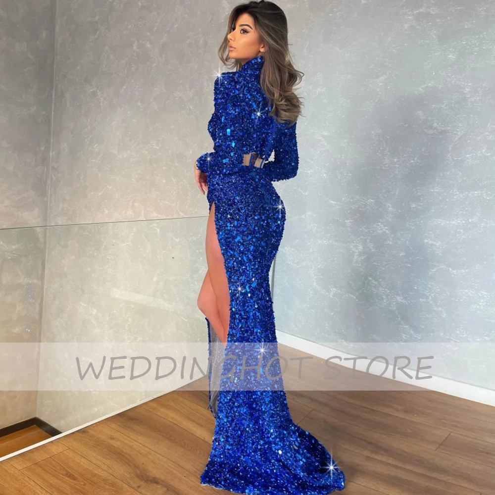 EOENKKY Royal blue  Evening Dresses Sparkle Sequin Mermaid Evening Gowns Long Sleeves Sexy Side Split Ball Dress robe de soirée