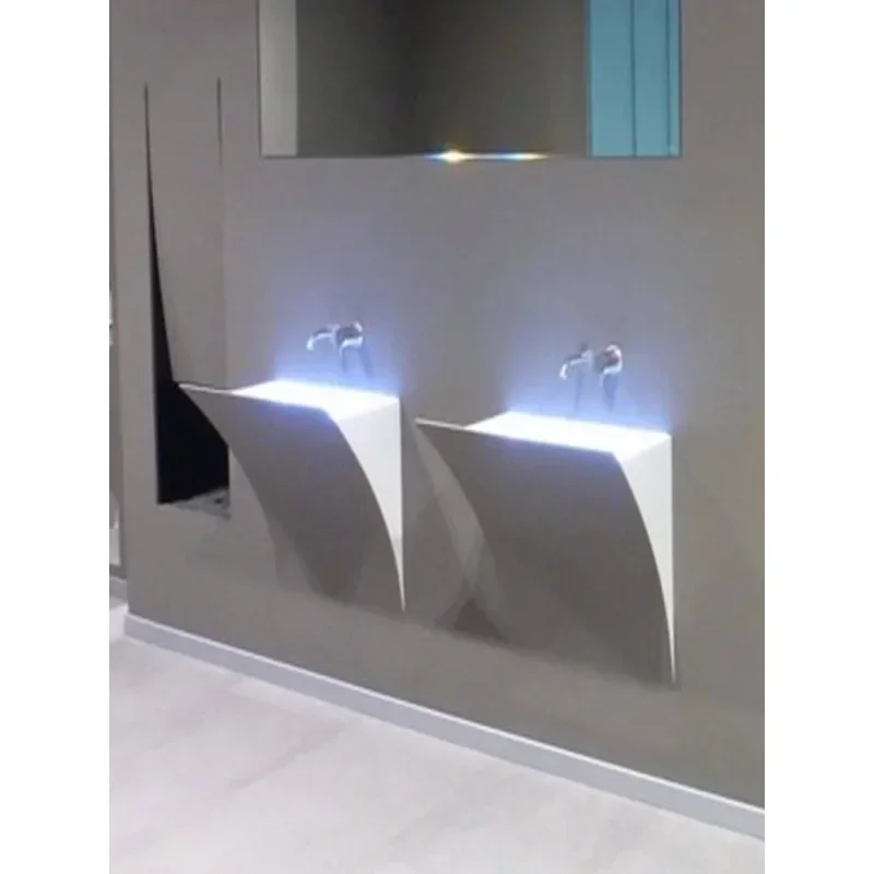 Italian smiley face, integrated wall-mounted countertop basin, custom oak cabinet washbasin and sink.