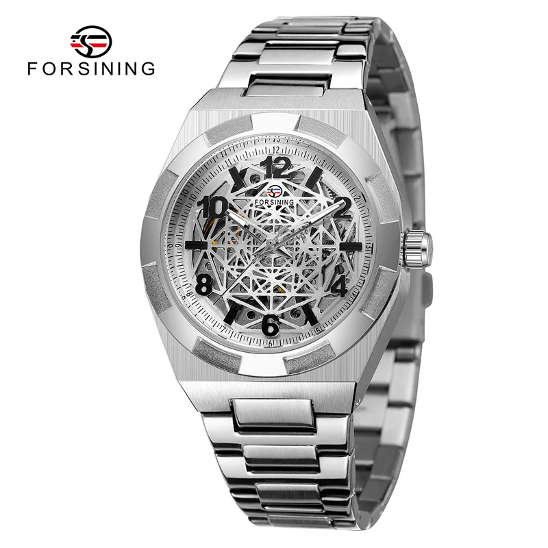 Fashion Forsining Top Brand Mechanical Full Stainless Steel Watch Skeleton Design Automatic Man Hand Waterproof Reloj De Hombre