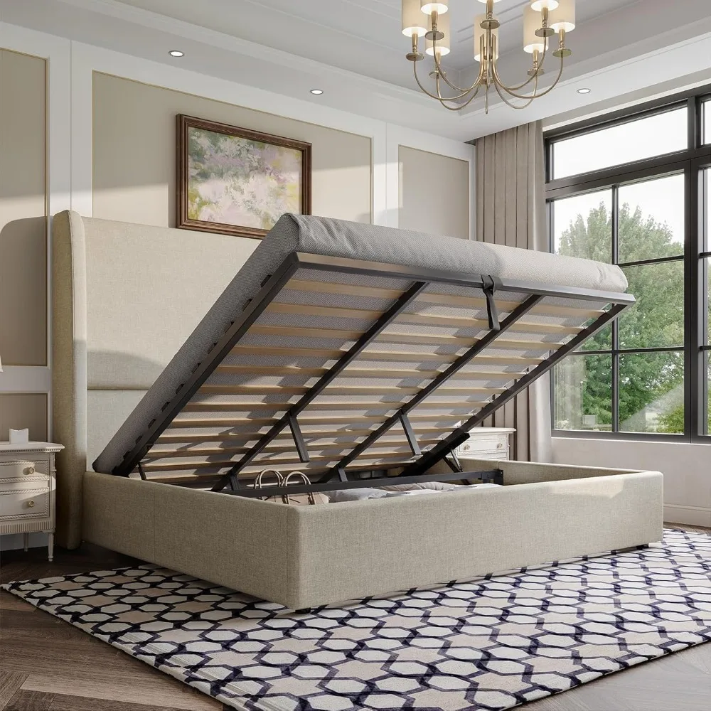 

Lift Up Storage Bed King Size Linen Upholstered Platform Bed Frame, Hydraulic Storage,Modern Wingback Headboard