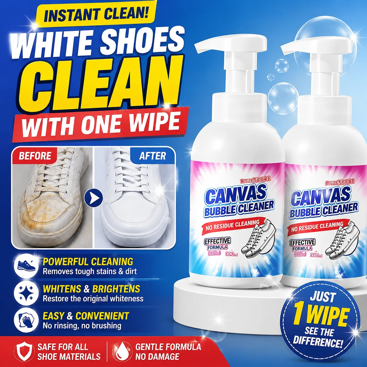 White Shoe Cleaner, Brush, Cleaning Agent, Stain-Removing, Whitening, Yellowing, Water-Free Magic Tool - Just Wipe