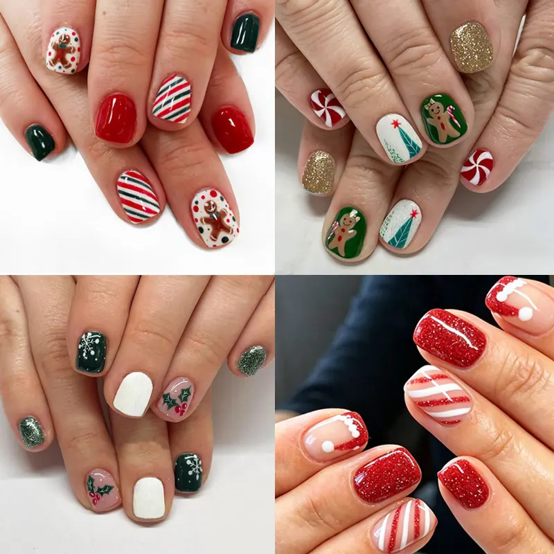 24Pcs【Not 3D】Christmas Santa Claus Gingerbread Man Cute Press On Nails Fake Nail Santa Claus Cartoon Snowflake Fairy Tale Nails