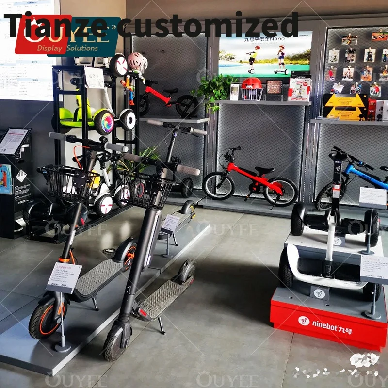 

Customized-Modern Custom E-bikes Shop Furniture Design Commercial Retail Store Standing Wood Shelf Scooter Display