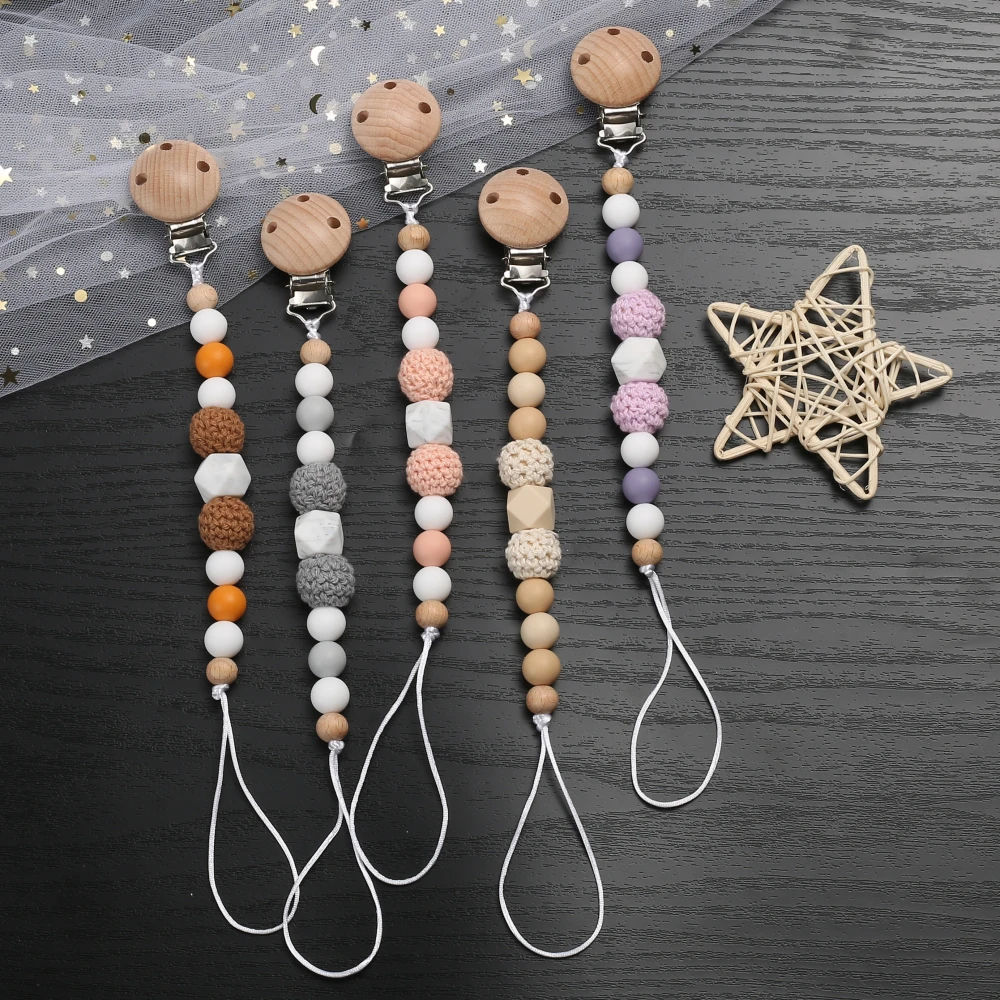 Beech Wood Round Baby Pacifier Clip Wooden Felt Ball Pacifier Chain Silicone Beaded Baby Nipple Dummy Holder Chain Care Chew Toy