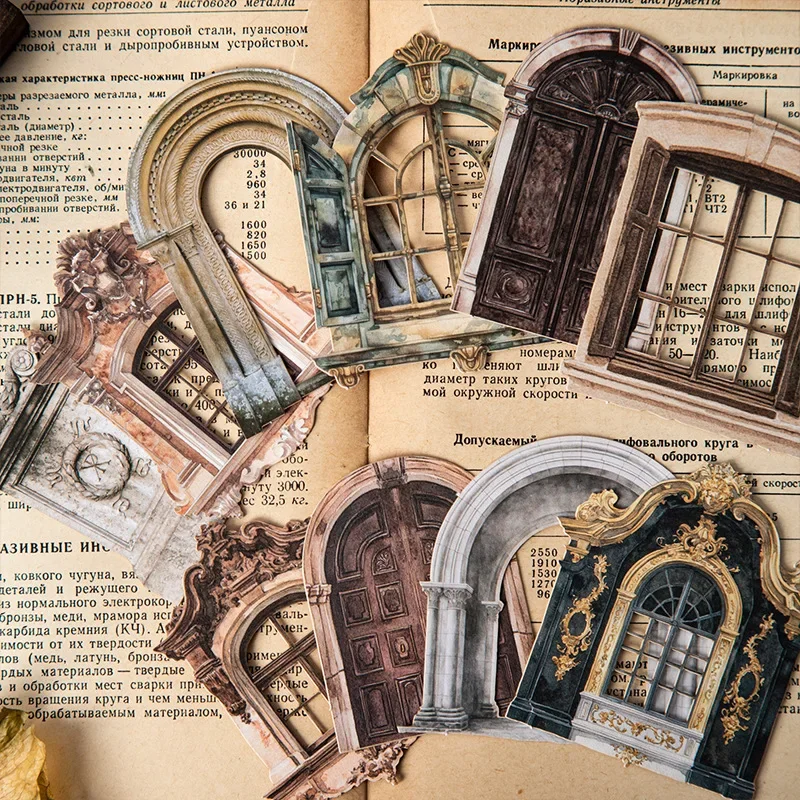 20 Stück/Packung, Fenster-Thema, Vintage-Schnitt-Aufkleber, Material, Hintergrund, Sammelalbum, klassische Herrenhaus-Türen, dekorativ, 141 x 99 mm