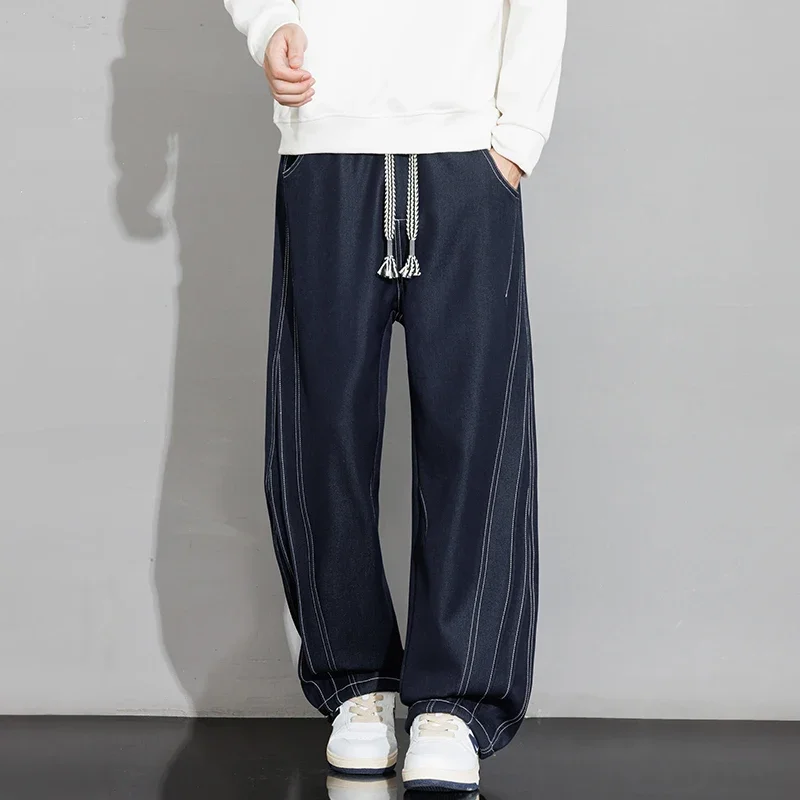 Men's Vintage Cotton Wide Leg Pants Baggy Curved Seam Belted Trousers Retro Streetwear Style; Adjustable Waist Deep Side Pockets