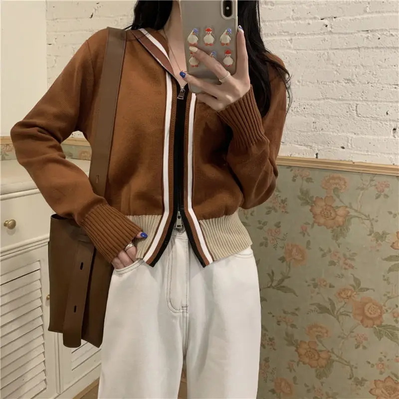 Casual Hooded Contrasting Colors Cardigan Female Clothing Striped Slim Stylish Zipper Autumn Winter Long Sleeve Knitted Sweaters