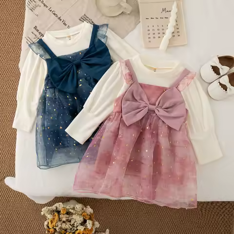 Korean Style Dress for Kids Girl Autumn Bow Sequin Knit Long Sleeved Dress Girl Evening Party Dress