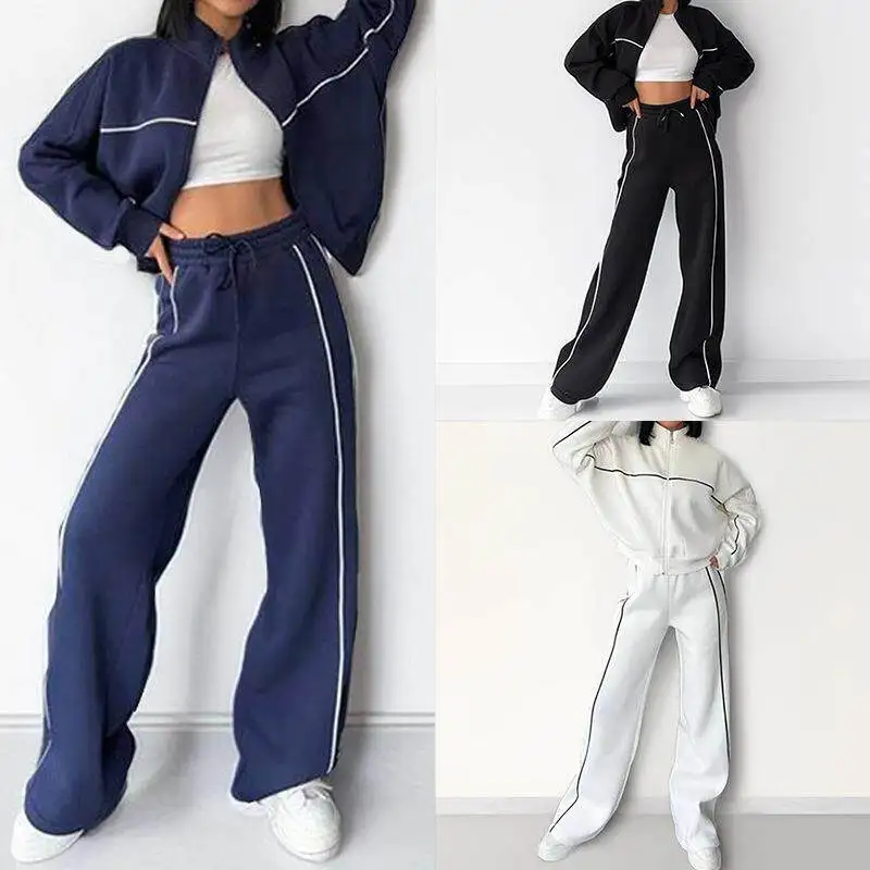 

Spring 2026 Casual Sportswear Women's Fashion Set Pure Color Stripe Sweatshirt Comfortable High Waist PVC Fabric Commute Style