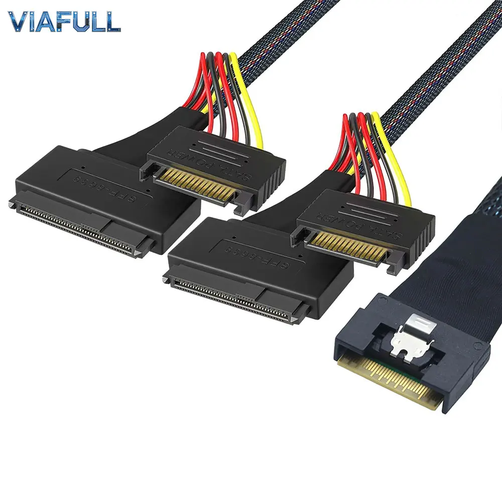 Slimline SFF-8654 8i 74P to 2x U.2 SFF-8639 + 15Pin Cable – Anti-Tilt Full Shielded 24Gbps PCIe 5.0 85 Ohm for Server NVMe SSD