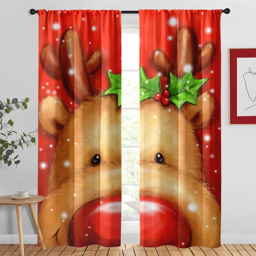 2PCS Christmas Curtains, Reindeer Red Nose, Digital Print, Bedroom Living Room Kitchen, Rod Pocket Polyester, Home Decor