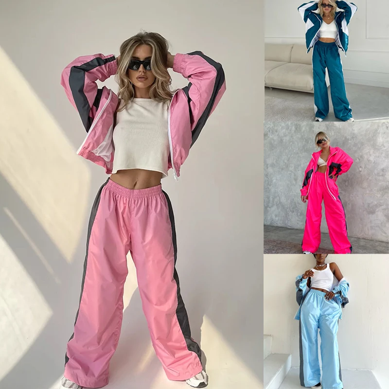

New Women Fashion Casual Suit Loose Color Blocked Long Sleeved Zipper Cardigan Contrasting Coat Pants Set Female Sports Suit