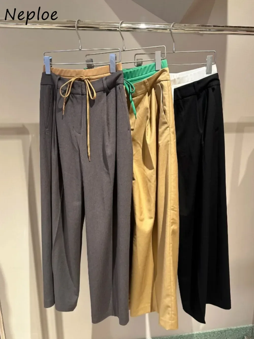 Neploe Casual High Waist Straight All-match Pants Panelled Lace Up Moda Exquisite Trousers Japan Drawstring Double Sweatpants