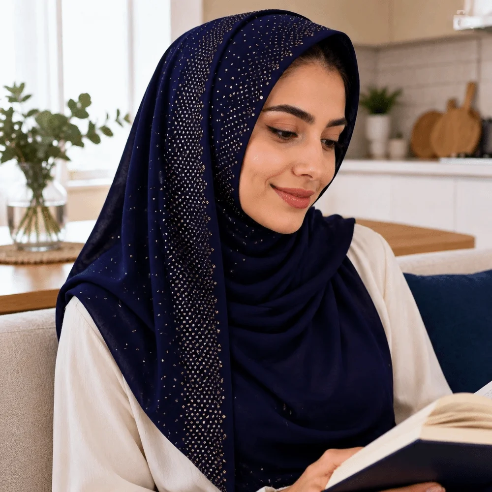 Modest Full Cover Rhinestone Chiffon Scarf Breathable Soft Prayer Hijab Solid Color Elegant Crinkle Shawl Daily Wear