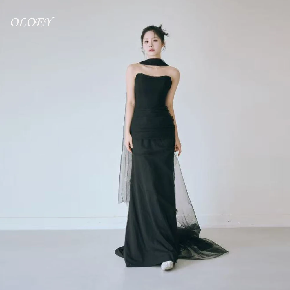

OLOEY Black Mermaid Evening Dresses Korea Wedding Photo shoot Soft Tulle Prom Gowns Corset Back Long Evening Party Corset