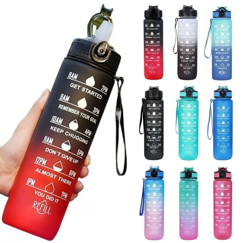 Large Capacity Water Bottle With Time Marker And Straw Gradient Color Leakproof Drinking Sports Bottle For Fitness Gym Outdoor