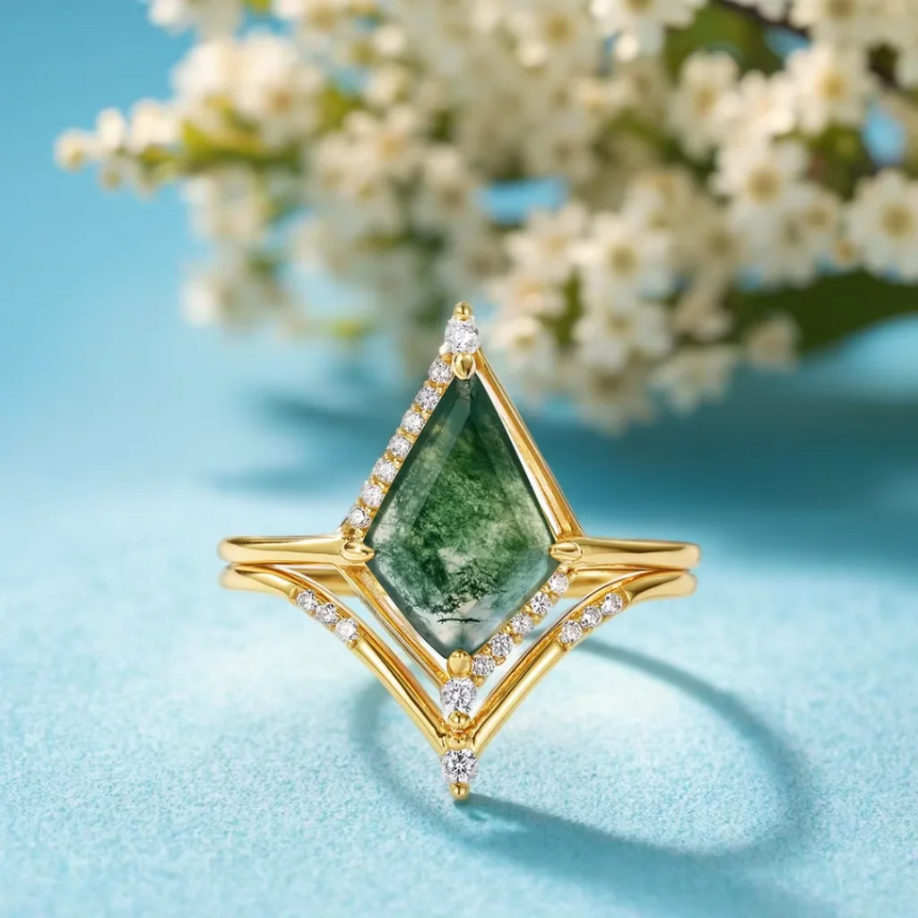 

Trending Kite Cut Moss Agate Ring Sterling Silver Gold Plating Stackable Rings for Men Women Wedding Engagement