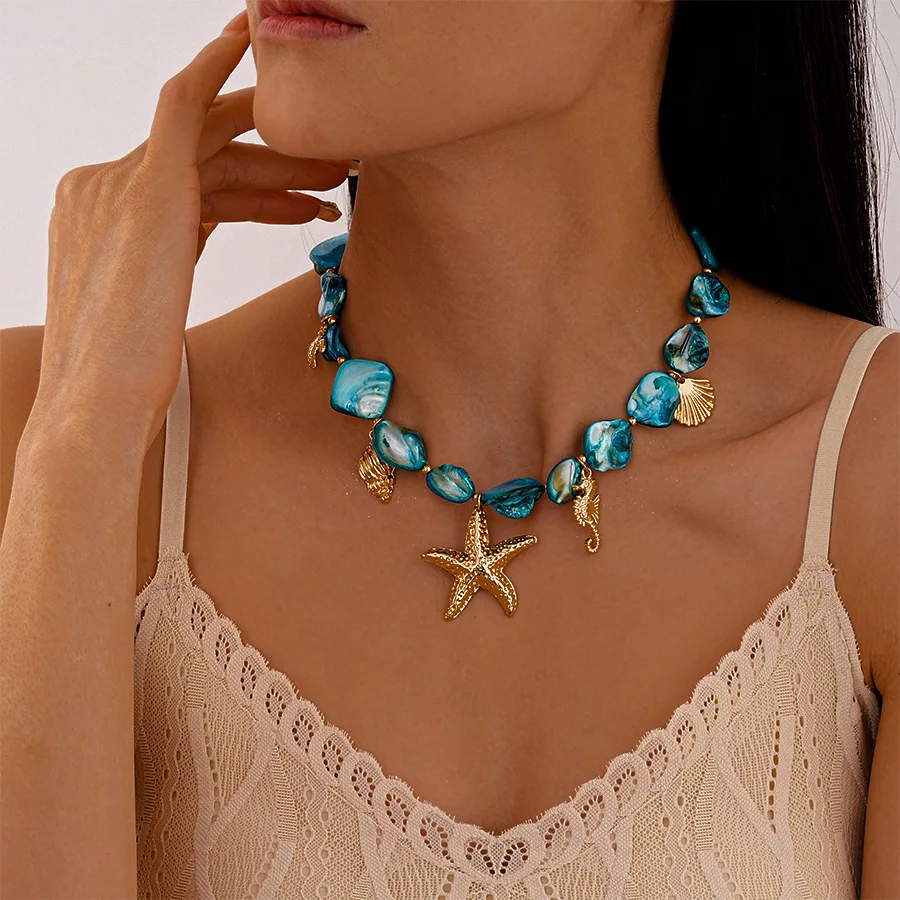 Bohemian Irregular Blue Shell Chain Necklace Bracelet for Women Sea Conch Starfish Pendant Necklaces Summer Beach Jewelry Set